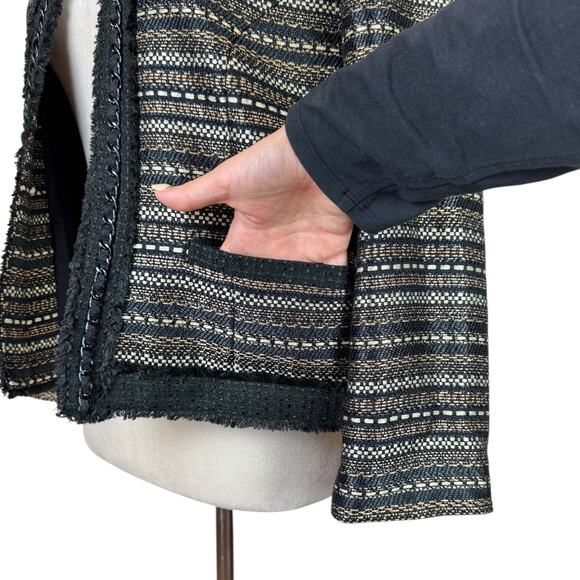 Chico's Sz 1 US 8 Royal Tweed Black Gold Metallic Fringe Trim Open Jacket Blazer - Picture 11 of 14